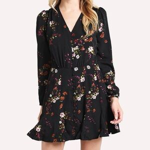 Heartloom Floral Mini Dress XS NWT Black Long Sleeve Ruffle Hem
